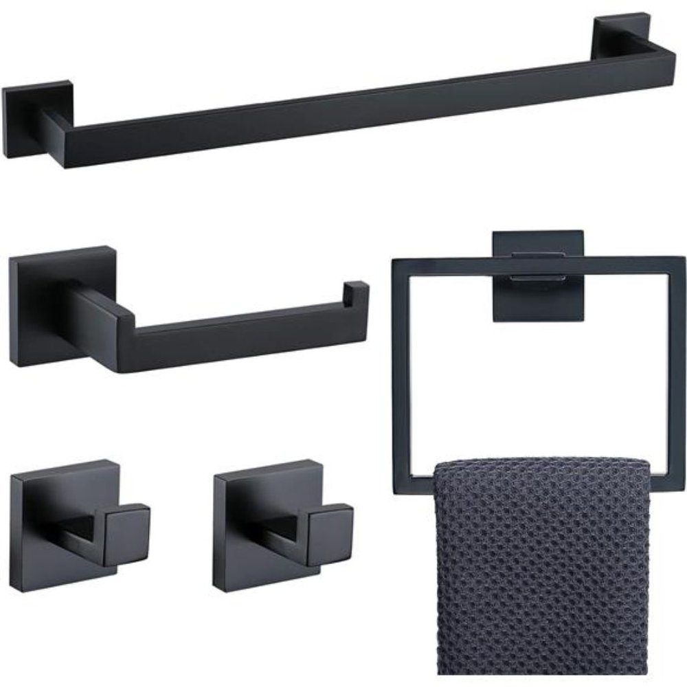 5 Pieces Bathroom Hardware Accessories Set Black Towel Bar Set Wall Mounted